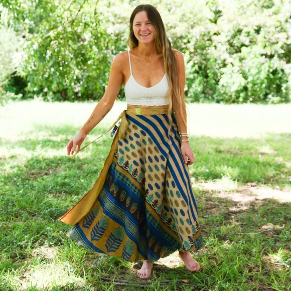 Reversible Silk Sari Wrap Skirt – Gold & Blue Boho Maxi - Picture 1 of 11